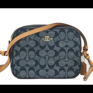 Coach (C8666) Signature Logo Blue Denim Fabric Mini Camera Crossbody Handbag